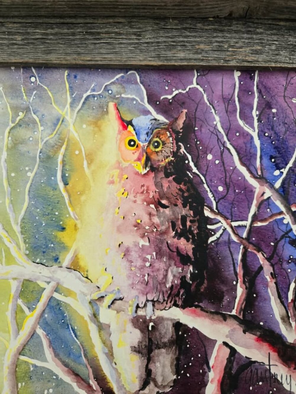 NWOT Owl Painting 2' wide x1' tall framed in barnwood